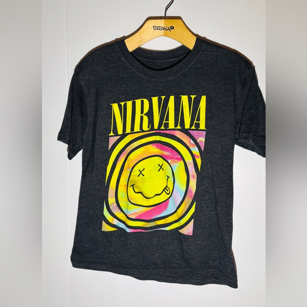 NIRVANA Women’s Black Tee with Yellow and Pink Graphic